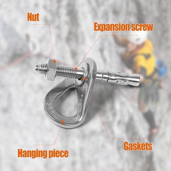 Climbing Anchor Bolt 8 Set, Stainless Steel Bolt Hanger Climbing Hanger Bolts 25KN Heavy Duty Climbing Anchor Hangers for 3/8" Bolt for Home Gyms, Hammocks, Trailer Tie-Downs, Weight 2500KG
