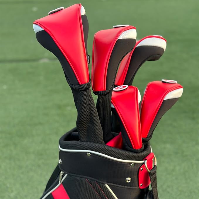 Andux 3pcs/Set PU Golf Wood Club Head Covers with Long Neck | for 460cc Driver Fairway Wood Club with Hook & Loop No. Tags Coloured Piping Pull-On Closure