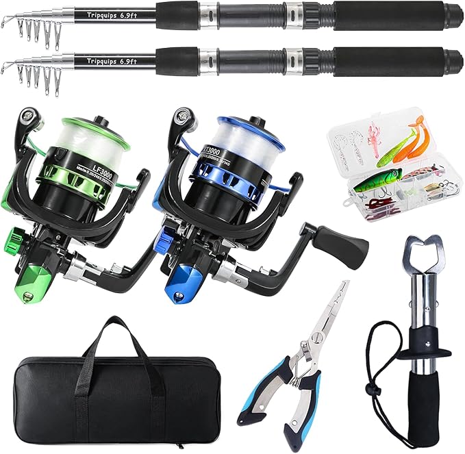 Tripquips Fishing Rod, 2PCS Telescopic Fishing Rod and Reel Combo with Fishing Pliers and Lip Gripper, Pre-Loaded Spinning Reel Combo, Fishing Pole with Carrier Bag Fishing Gear