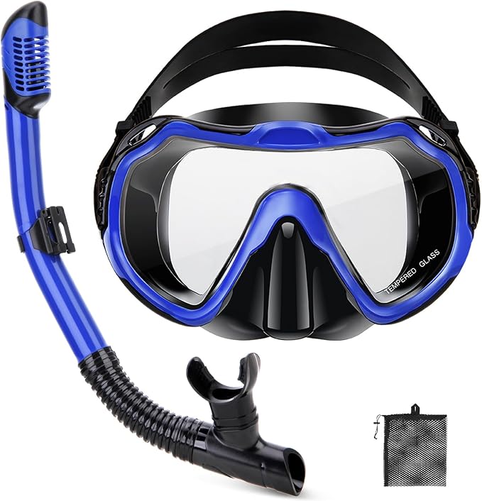 Snorkeling Gear for Adults, Adult Snorkel Set with Panoramic Anti-Leak and Anti-Fog Tempered Glass Snorkel Mask, Dry Top Snorkel, Snorkle Mask Set Adult with Mesh Bag Ear Plug for Snorkeling