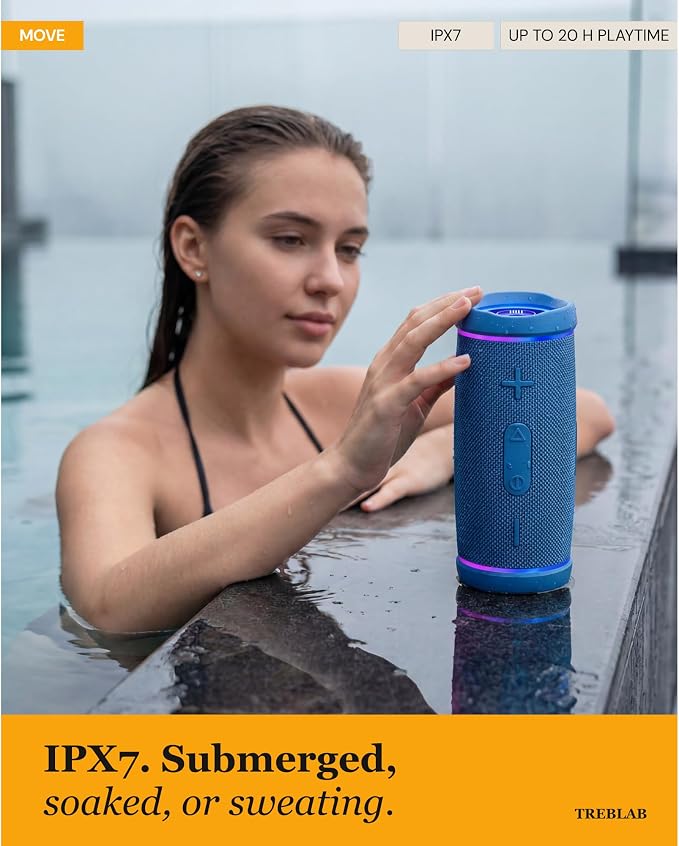 TREBLAB HD77 – Waterproof Bluetooth Speaker, 30W Loud 360° Sound, Deep Bass, IPX7, TWS Pairing, RGB Lights, 20H Battery, Portable Wireless Speaker for Outdoor, Beach, Camping, Party, Travel