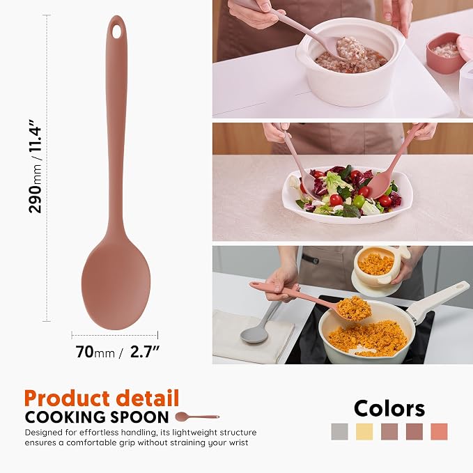 Multi Platinum Silicone Cooking Spoon for Baking, Scraping & Mixing, 100% Food Grade Colorful Silicone Kitchen & Serving Utensils, Heat Resistant, Non-Stick Cookware - 11.4 inch Dry Rose