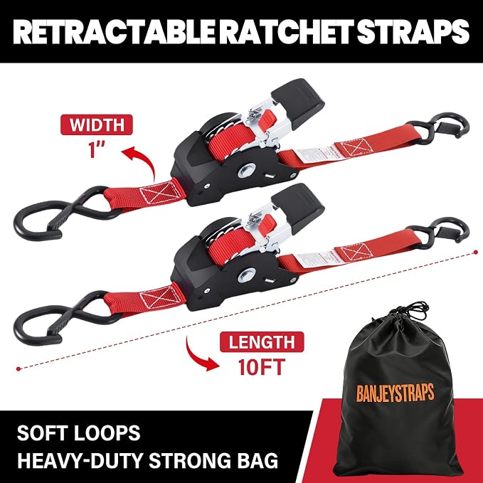 Ratchet Strap Retractable 1" x 10' - 2 Pack, Auto Self Retracting Tie Down Straps with Heavy Duty Ratchet (1540lbs Break Strength), for Motorcycle, ATV, UTV, Truck Cargo