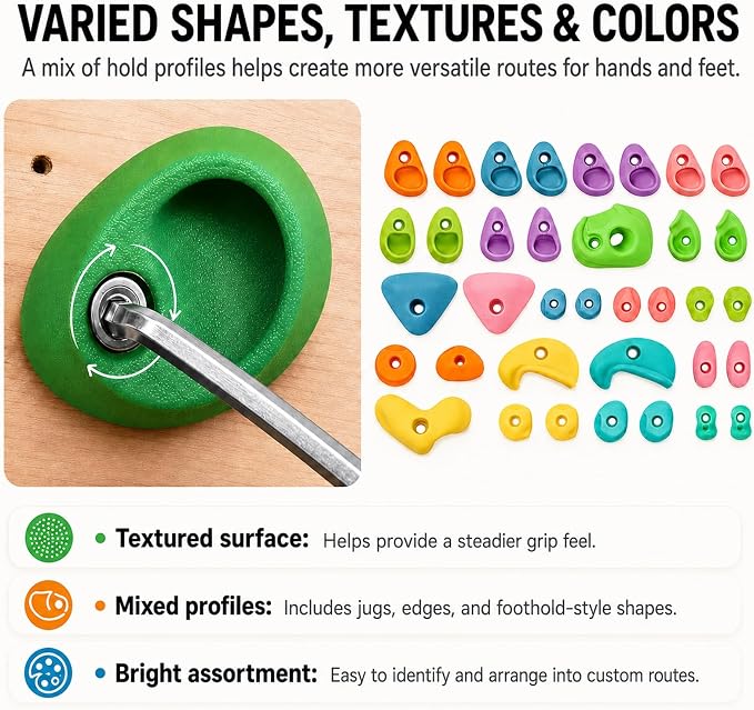 36 Pack Rock Climbing Holds with M10 Hardware, Textured Resin Wall Grips | Assorted shapes for route setting; fits garage & home gym wood walls; 230lb capacity; adult install required