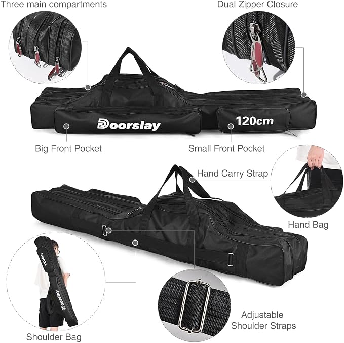 Fishing Rod Case - Three Layer Oxford Portable Folding Fishing Pole Bag - Outdoor Waterproof Tackle Storage Travel Bag