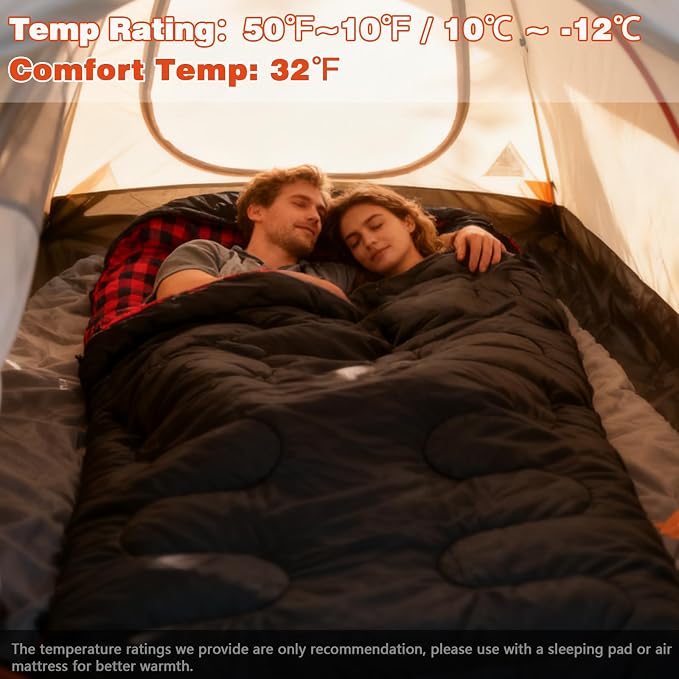 0 Degree Double Sleeping Bag for Adults Queen Size 2 Person Sleeping Bag for Cold Weather with Compression Sack for Car Camping, Hunting and Tent Camp