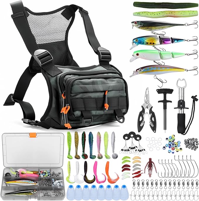All in One Fishing Chest Pack Tackle Bag with Tackle Box, Fishing Lures Kit | Hook Remover Tool, Fish Lip Gripper, Fishing Plier Friendly for Beginners & Professional Anglers Gifts for Men (Green)