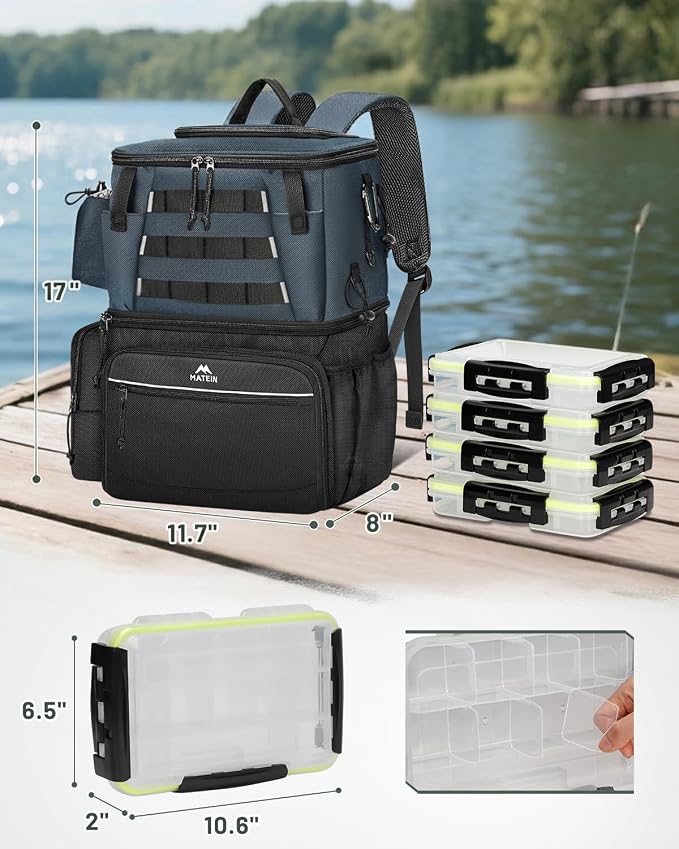 MATEIN Fishing Backpack with 4 Tackle Boxes, Fishing Bag with Rod Holder | 3600 Tackle Box 4 Pack, Water Resistant Tackle Backpack with Cooler Compartment, Safety Compass, Gifts for Fishermen