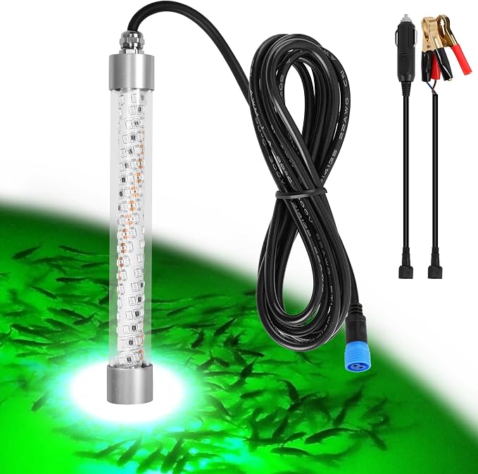 F1 12V Underwater Green Fishing Light, 100W LED Fishing Lights for Night Fishing Docks Boat Kayaks, Submersible Fish Light Attractants for Crappie Snook Squid Fresh&Salt Water (16.4ft Cable)