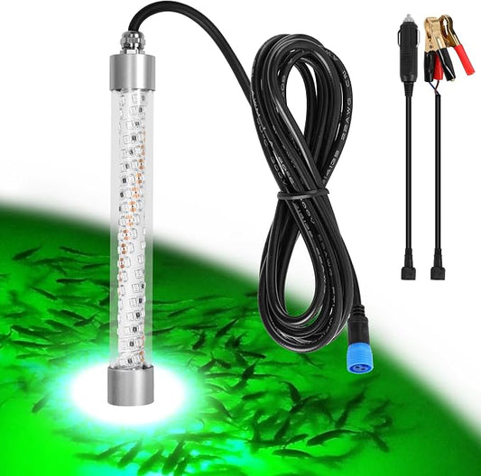 F1 12V Underwater Green Fishing Light, 100W LED Fishing Lights for Night Fishing Docks Boat Kayaks, Submersible Fish Light Attractants for Crappie Snook Squid Fresh&Salt Water (16.4ft Cable)