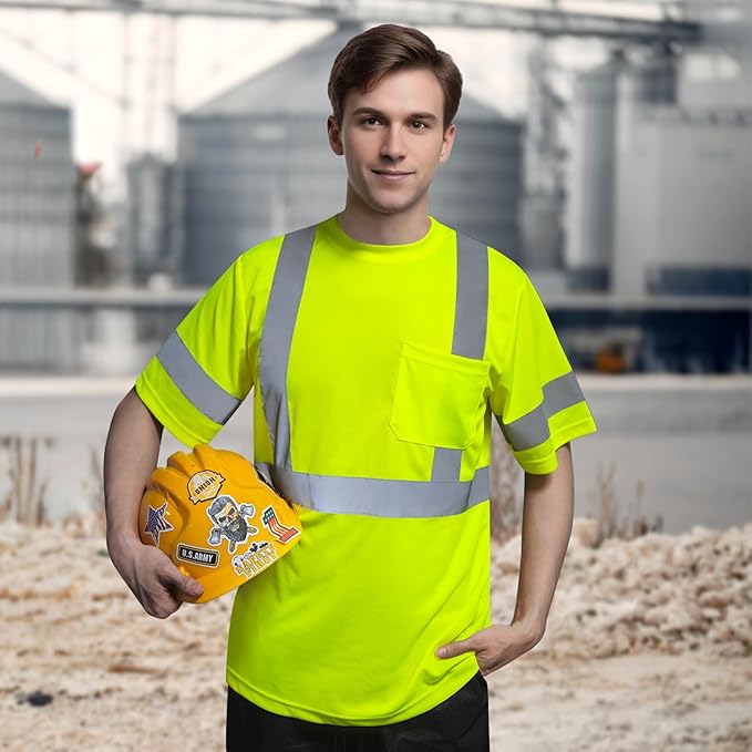 TCCFCCT Hi Vis Shirts for Men Class 2 High Visibility Shirt with Short Sleeves, Reflective Safety Shirts for Men, Construction Work Shirts with Reflective Strips, Durable &Breathable, DC-Yellow XL