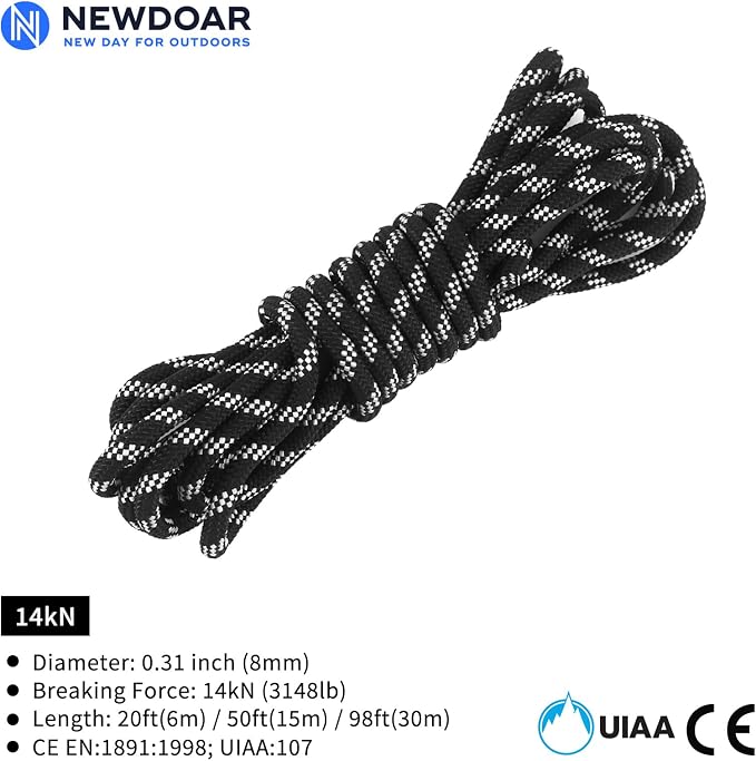 NewDoar Static Climbing Rope - 8mm (5/16c) / 10mm (3/8”) Double Braid Accessory Cord for Rock,Hauling, Prusik, Survival - Pre-Cut 20FT, 50FT, 100FT, 165FT Lengths - Outdoor, Fire Rescue Equipment