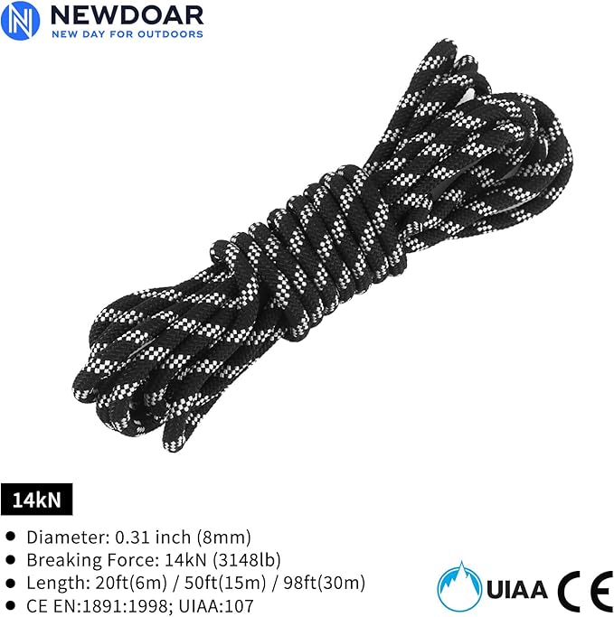 NewDoar Static Climbing Rope - 8mm (5/16c) / 10mm (3/8”) Double Braid Accessory Cord for Rock,Hauling, Prusik, Survival - Pre-Cut 20FT, 50FT, 100FT, 165FT Lengths - Outdoor, Fire Rescue Equipment