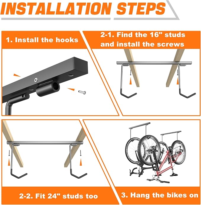 TORACK Overhead Bike Rack for Garage, Ceiling-Mounted Bicycle Storage Hooks for 4 Bikes (Horizontal) or 8 Bikes (Vertical), Adjustable Bicycle Hooks for Mountain, Road Bikes