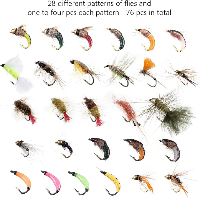 BASSDASH Fly Fishing Flies Kit Fly Assortment Trout Bass Fishing with Fly Box with Dry/Wet Flies, Nymphs, Streamers, Popper