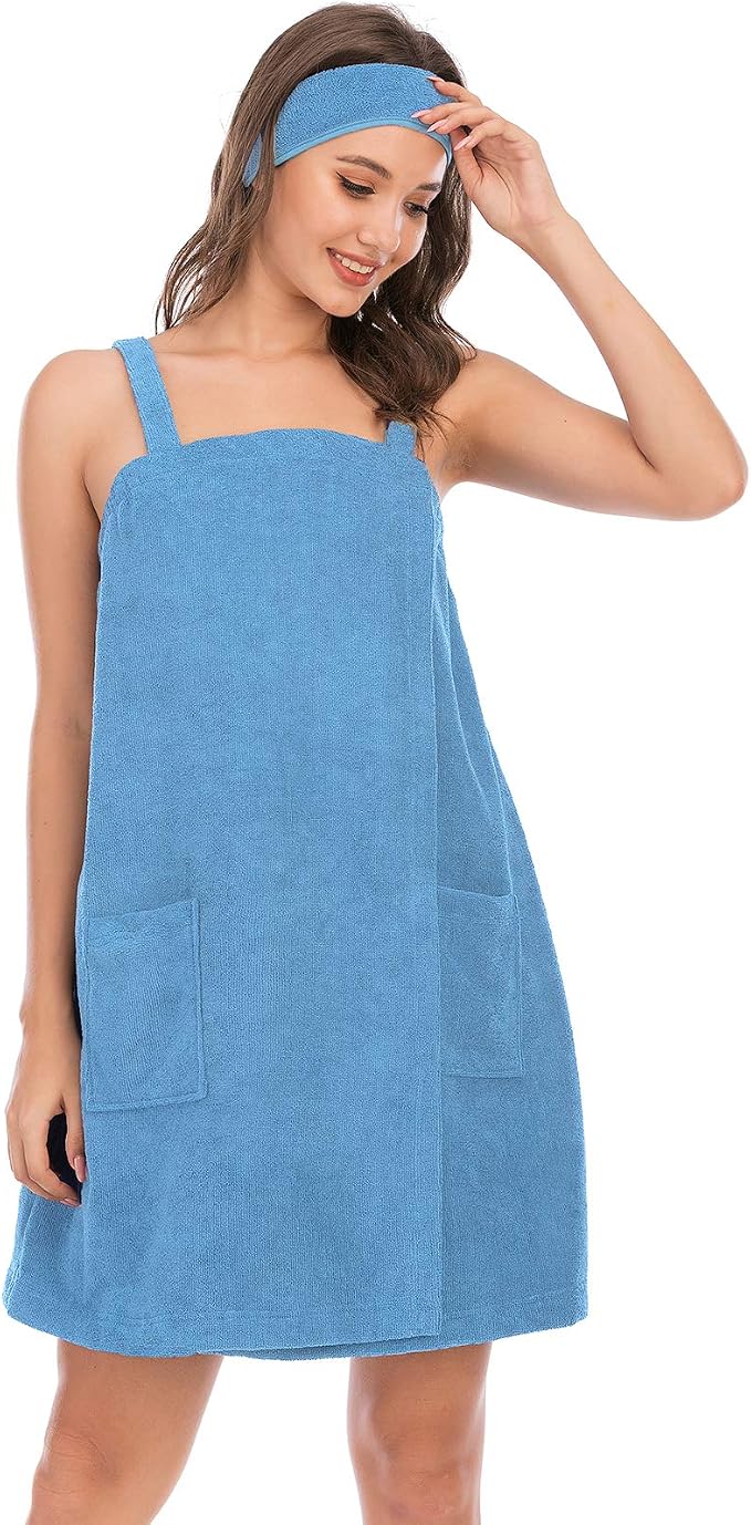 Veseacky Women Bath Wrap Towel for Womens Shower with Pocket Adjustable Spa Robe & Facial Headband