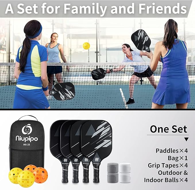 niupipo Pickleball Paddles Set of 2 or 4, USAPA Approved Fiberglass Pickleball Paddle Set with Balls and Bag, Polypropylene Honeycomb Core, Lightweight Pickleball Paddles for Beginners Men Women