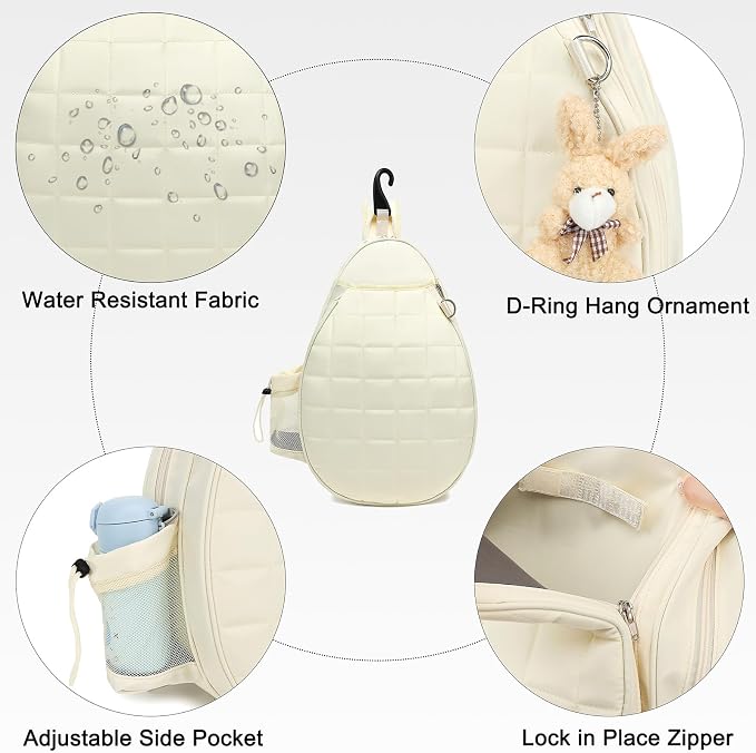 Rejolly Tennis Racket Sling Bag for Women Men Quilted Water Resistant Racquet Cover One Shoulder Crossbody Bag for 2 Tennis Rackets, Pickleball Paddles, Badminton Racquet