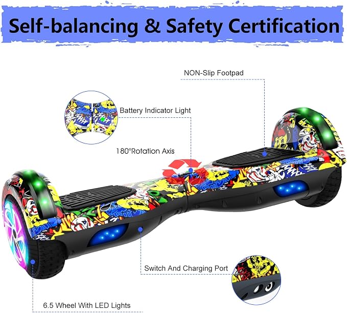 LIEAGLE Hoverboard, 6.5" Self Balancing Scooter Hover Board with Bluetooth Wheels LED Lights for Kids Adults