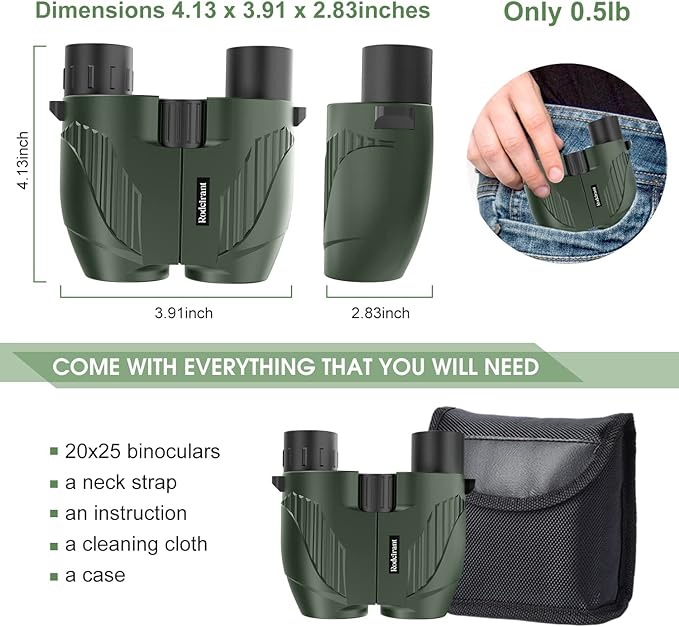 20x25 High Powered Binoculars for Adults,Compact HD Waterproof Durable and Clear BAK4 Prism FMC Lens,Suitable for Bird Watching,Sightseeing and Outdoor Sports,Green