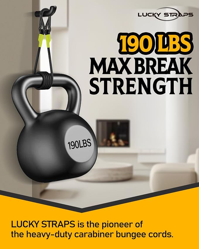 8 Pcs 72 Inch Heavy Duty Carabiner Bungee Cord Outdoor with 190 Lbs Max Break Strength, Black/Yellow Bungee Straps with Upgraded Carabiner Hooks for Luggage Rack, Cargo, Hand Carts, Bike, Camping, etc