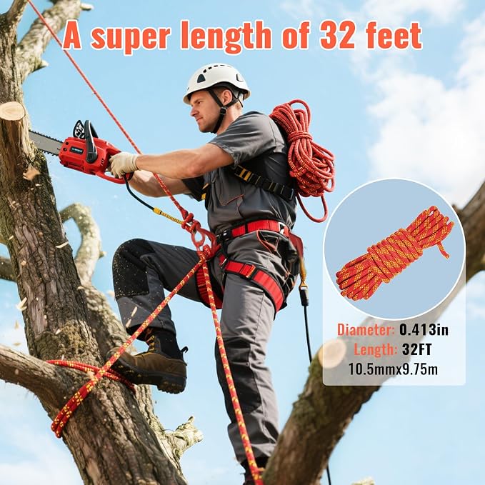 10.5mm Static Climbing Rope - 32FT Heavy Duty Rock Climbing Rope for Adults & Kids, Outdoor Rappelling Ropes for Fire Rescue, Escape, Ice Climbing, Parachute, Caving - Red