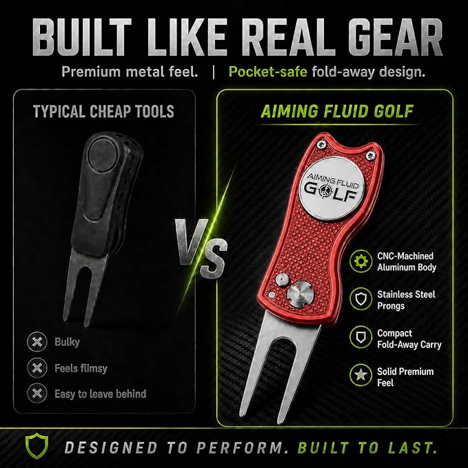 Golf Divot Repair Tool — 5-in-1 Golfing Ball Marker, Pitch Mark Repair, Putting Alignment, Club Tee, and Groove Cleaner, Accessory Metal Switchblade Design - Ideal Gift for Golfers