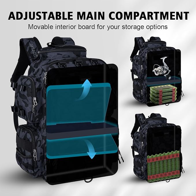 Goture Fishing Backpack,900D Water-Resistant Tackle Backpack with Rod Holders, SBS Zippers,45L Large Fishing Bag Storage Gear Tackle Bag with Rain Cover, Bottle Holder for Travel Camping Hiking