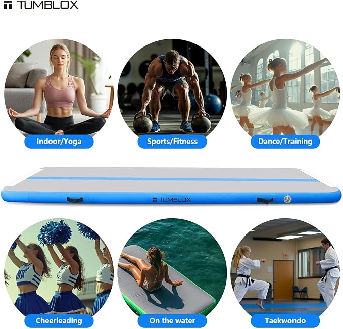 Air Gymnastics Mat Inflatable & Tumbling Mat – 4/8 Inches Thick with Electric Pump + Free Foot Pump – Ideal for Home, Gym, Water, and Beach Use
