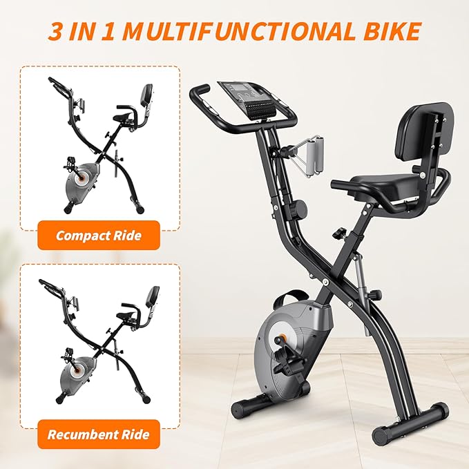ATIVAFIT 5-in-1 Foldable Exercise Bike for Home, Upright & Recumbent Indoor Bike with 8-Level Magnetic Resistance, Resistance Bands, Quiet Cardio, Adjustable Seat