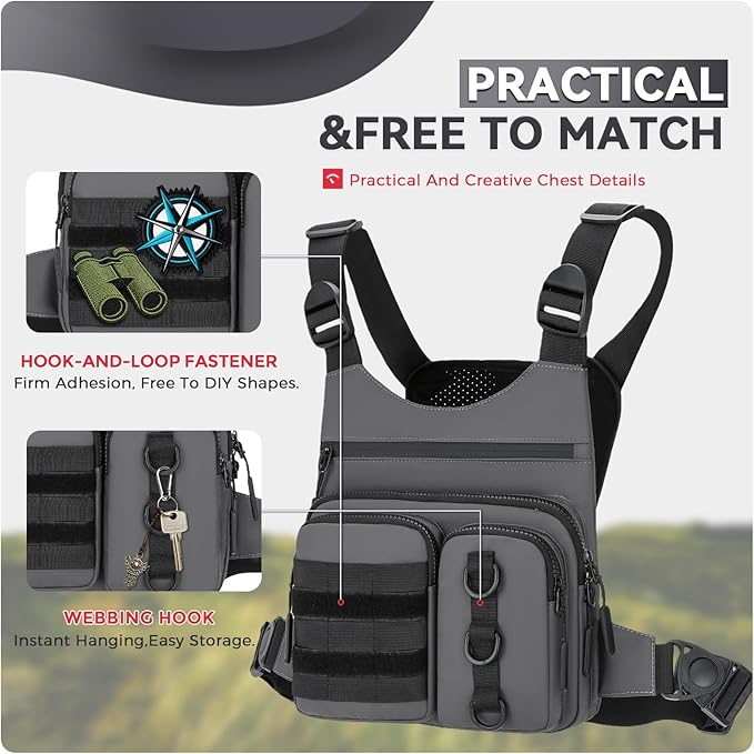 Criuage Outdoor Chest Bag for Men, Lightweight Adjustable Running Vest, Water Resistant EDC Chest Pack with Water Bottle Pocket, Breathable Back Pad for Hiking Cycling Fishing Travel