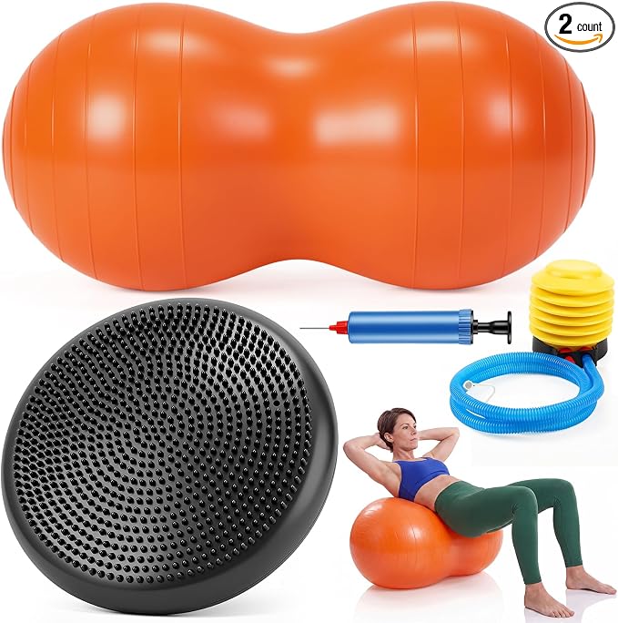 2 Pcs Wobble Cushion and Peanut Ball with Pump Set, Sensory Balance Disc Wiggle Seat for Kids and Adults, Flexible Seating for Exercise Physical, Child Training, Yoga