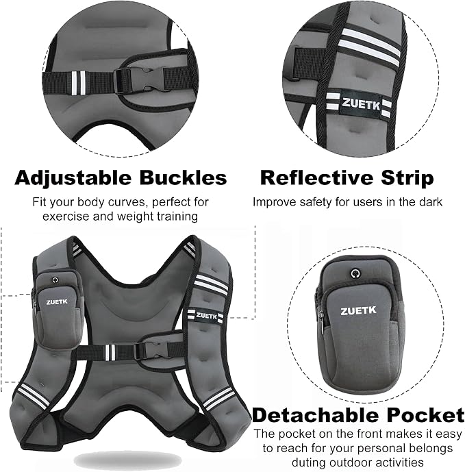 ZUETK Weighted Vest, 6lb/8lb/12lb/16lb/20lb/25lb/30lb Weight Vest with Reflective Stripe, Weighted Vest for Men Women Workout Equipment for Strength Training, Running, Jogging, Fitness, Weight Loss