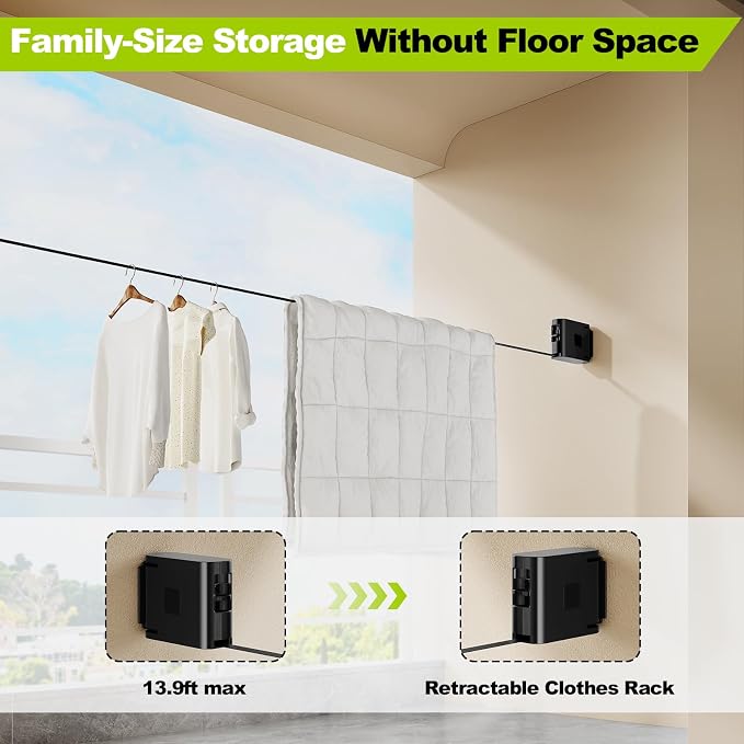 13.9 ft TPU Retractable Clothesline for Indoor & Outdoor – Heavy‑Duty Windproof Wall‑Mounted Drying Line with Separate Hanging Holes for Faster Drying, Ideal for Home, Balcony & Garden
