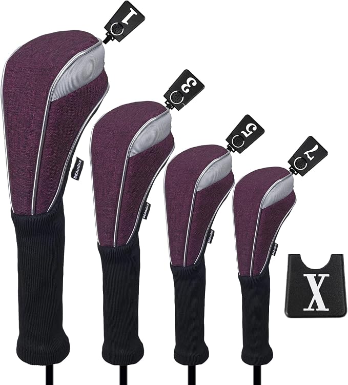 Andux 4pcs/Set Nylon Golf Wood Club Head Covers with Long Neck | for 460cc Driver Fairway Wood Club Silver Piping Pull-On Closure