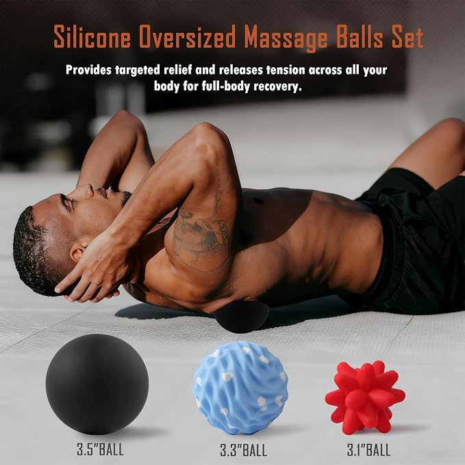 3-Piece Silicone Massage Ball Set for Deep Tissue and Trigger Points - Lacrosse Massage Balls for Myofascial Release, Muscle Knots & Plantar Fasciitis (Silicone Full-Body Recovery Set)