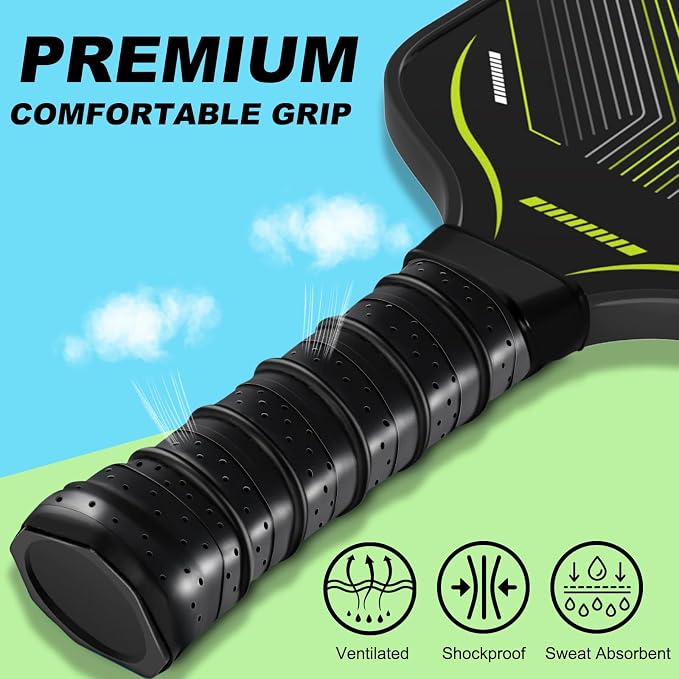 Pickleball Paddles Set of 4, Complete Family Starter Kit – 4 Balls (Indoor & Outdoor), 4 Overgrips & Bag, Lightweight Carbon Fiber Rackets for Beginners & Intermediate, Ready to Play Anywhere