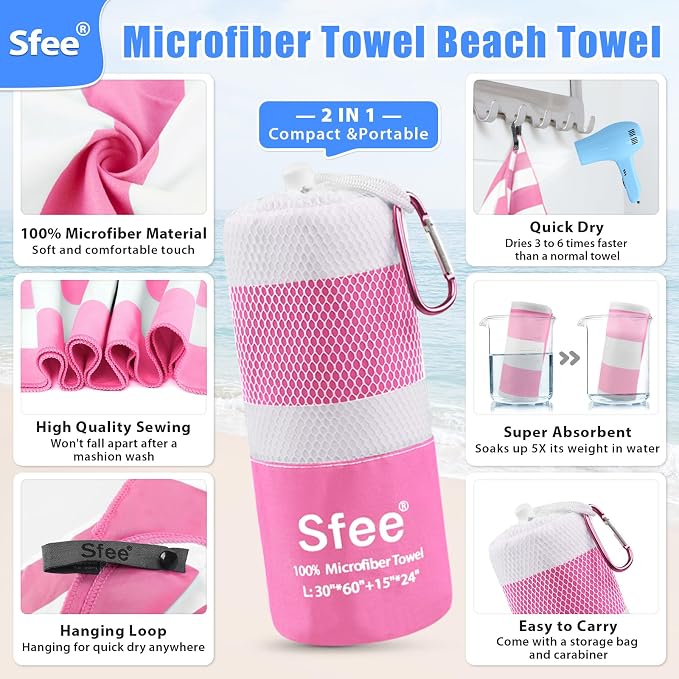 Sfee 2 in 1 Microfiber Travel Towel, Quick Dry Towel Camping Towel Beach Towel Super Absorbent Compact Lightweight Sports Gym Towels Set for Gym, Hiking, Pool, Bath, Yoga (Small: 32''x16'')