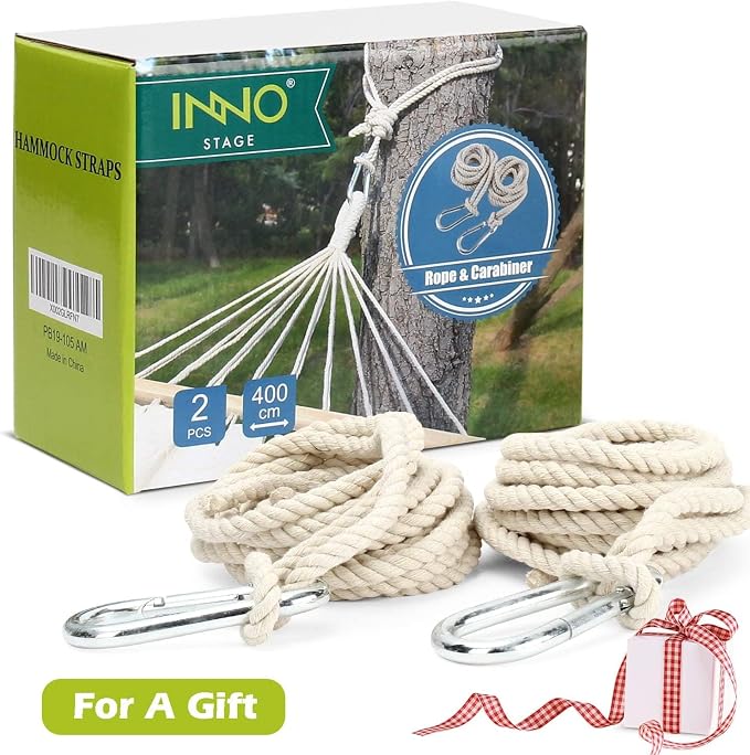 INNO STAGE Hammock Tree Straps Extra Long - 2 Pack Tree Swing Hanging Straps Hammock Rope 16.4ft Each with Heavy Duty Carabiner Hooks Kit for Camping Trip Playground Outdoor