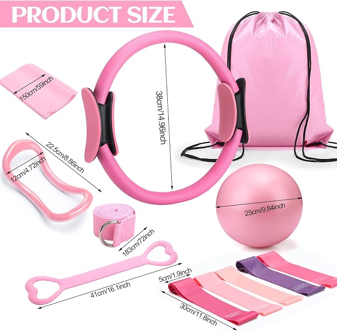 RoundFunny Set of 18 Pilates Ring Essential Kit for Women Pilates Ring and Ball Ankle Resistance Band Yoga Strap Socks Mat Arm Stretcher Latex Tube Gym Back Bag Exercise Equipment for Workout