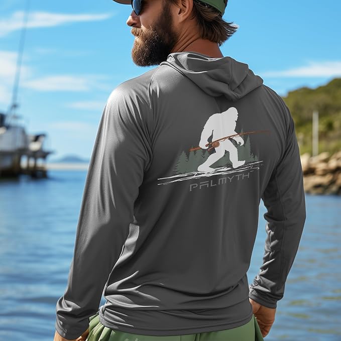 Palmyth Fishing Hoodie for Men Long Sleeve Sun Protection UV UPF 50+ Shirts | Hidden Zipper Pocket, Thumb Loops, Quick-Dry, Side Mesh Panels, Lens Cleaning Cloth, 4-Way Stretch