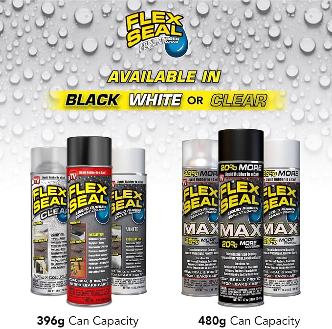 Flex Seal MAX, 17 oz, 1-Pack, White, Stop Leaks Instantly, Waterproof Rubber Spray On Sealant Coating, Perfect for Gutters, Wood, RV, Campers, Roof Repair, Skylights, Windows, and More