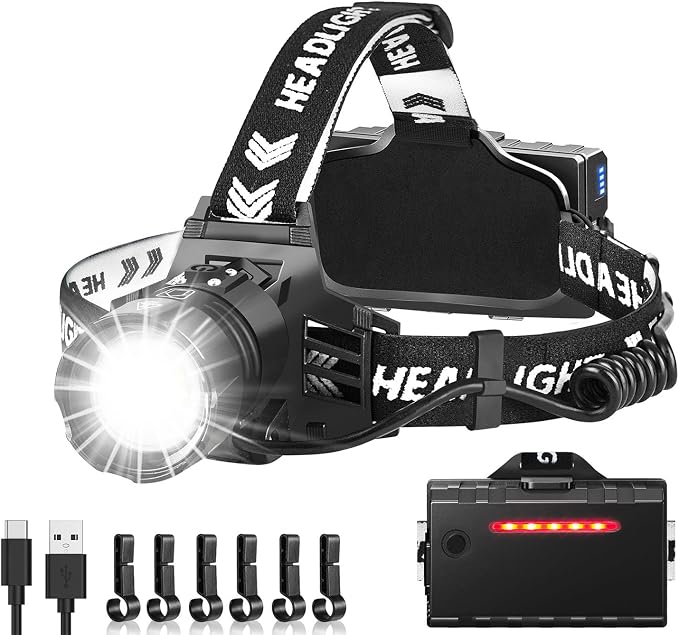 Headlamp Rechargeable 6Pack, 3000 Lumen Ultra-Light Bright Headlamp Flashlight with White Red Light, LED Headlight, 5+5 Mode for Outdoor Camping Fishing Running Hiking (1)