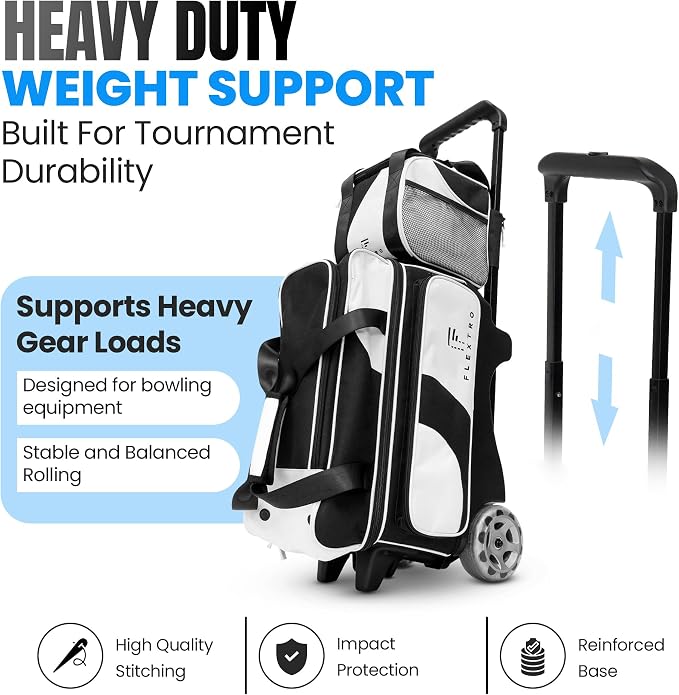 Flextro 3 Ball Bowling Bag with Wheels – 2+1 Modular Roller, 5-Inch Heavy-Duty Wheels, Zero-Wobble Aluminum Handle, Separate Shoe Compartment, Fits Men & Women