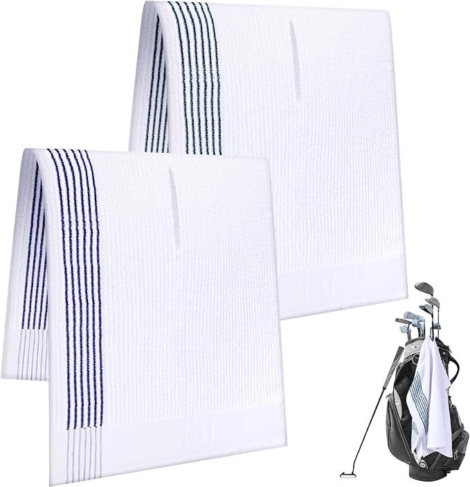 Vabean 2 Pcs 22 x 44 Large Golf Towel Caddie Style Center Cut Caddy Hanging Fast Drying Golf Club Cotton and Polyester Blend Camping Towels(White-Green, White-Blue)