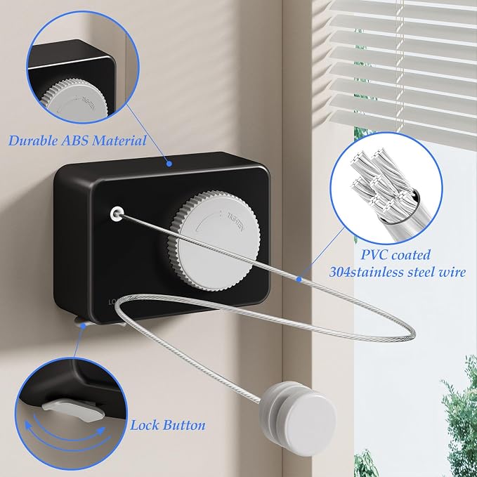 Danpoo Retractable Clothesline Heavy Duty - 13.8ft Adjustable Tension Wall Mounted Indoor Outdoor Clothes Drying Line, Compact Laundry Rope with Pulley System (Black)