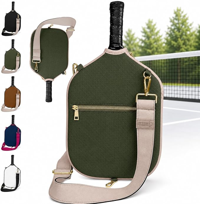 Posh Pickler Crossbody Neoprene Pickleball Bag - Paddle Cover with Adjustable Strap, Built-in Pocket for Essentials, Carabiner Fence Clip, Add-On Ready D-Rings, and Durable Design for Everyday Use