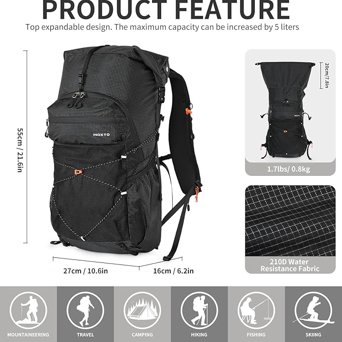 IX INOXTO Hiking Backpack for Men and Women, 30L Waterproof Camping Backpack with 3L Water Bladder and Rain Cover, Lightweight Outdoor Sport Travel Daypack Rucksack for Climbing Cycling (Black)