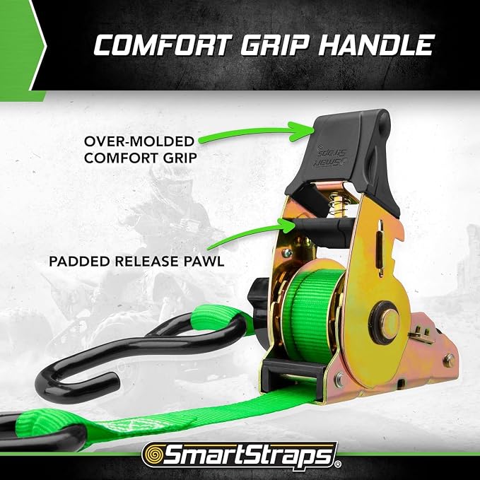 SMARTSTRAPS Retractable Ratchet Tie Down Straps (4 PK) 1,500lb Break Strength, 500lb Safe Work Load, Standard Duty, Secure and Haul ATVs, Lawn Tractors, Cargo, Boxes and Other Small Equipment