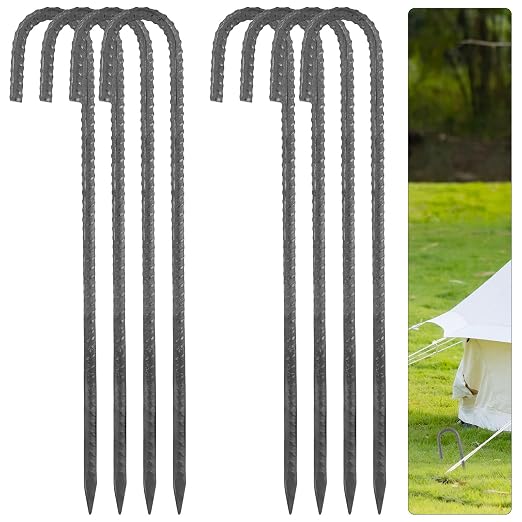 8 Pcs J Hook Rebar Stakes 16 Inch, Heavy Duty Tent Stakes Metal Ground Stake, 3/8" Diameter Yard Stake for Chain Link Fence Camping Inflatables Canopies Swing Sets Yard Decorations